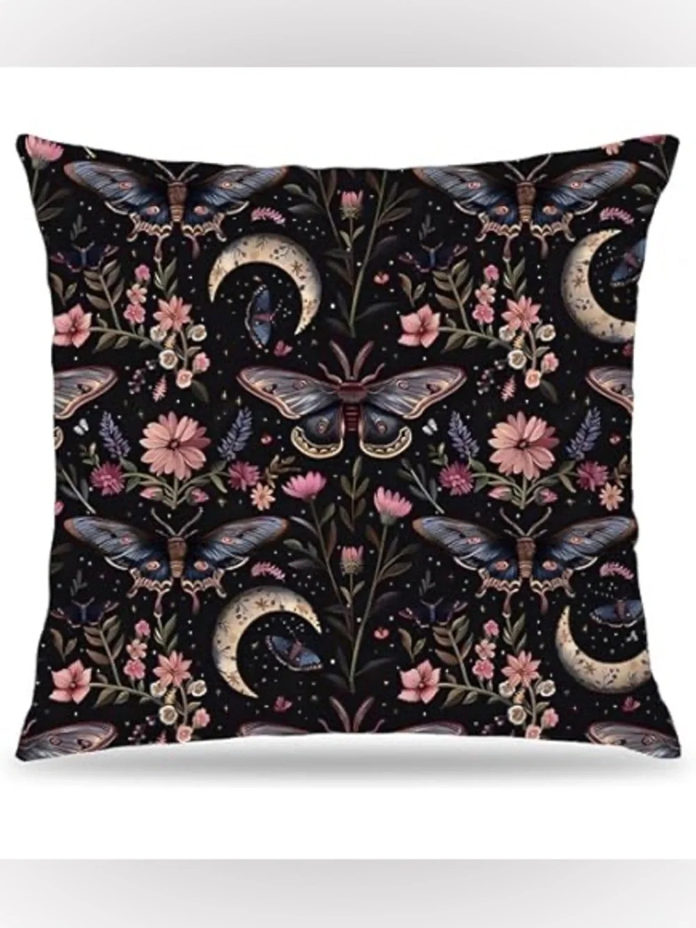 Dark Academia Gothic Moth Moon Floral Throw Pillow Cover 16x16 Celestial Dream